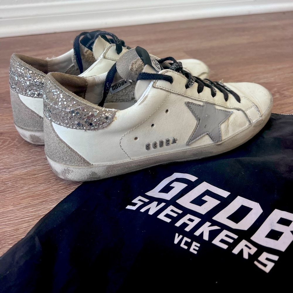 Golden Goose Super-Star White and Gray with Glitter Tab. Size 6.5
